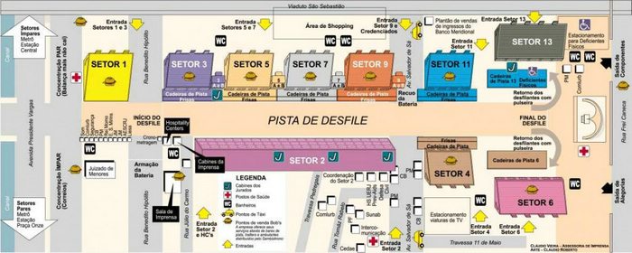 A map of the Sambadrome, scene of the main Samba Parade at Rio Carnival, Brazil